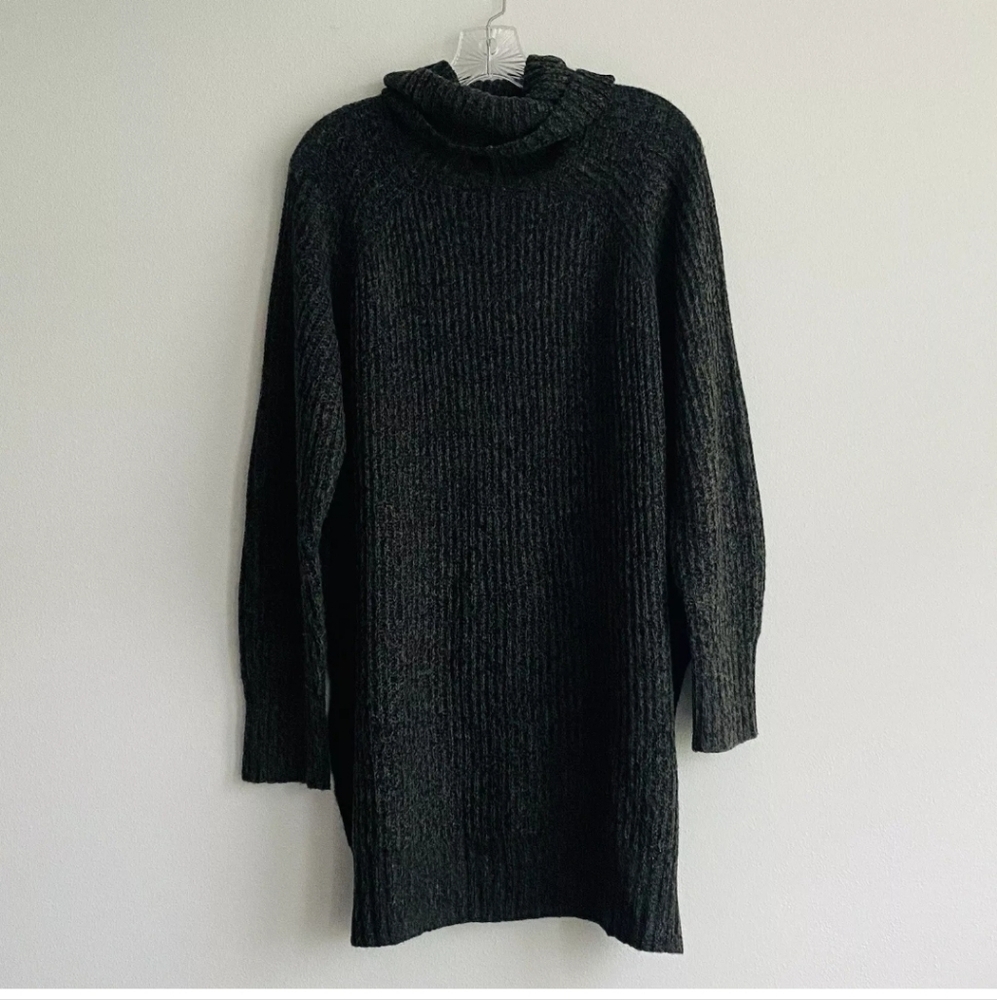 Express Womens Wool Blend Cowl Neck Hi Lo Split Hem Sweater Size S Dark Green - Picture 2 of 5